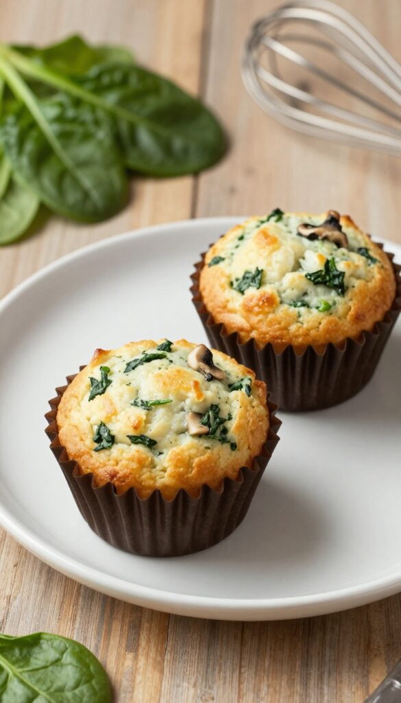 Egg and spinach muffin cups in a muffin tin on a wooden counter