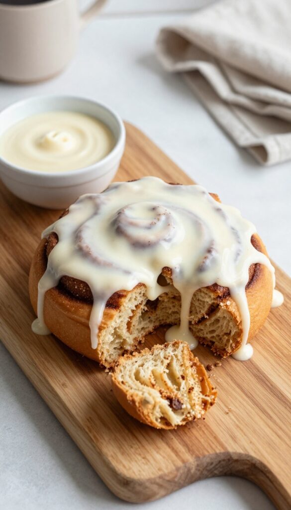 Cinnamon roll monkey bread on a wooden platter with cream cheese glaze