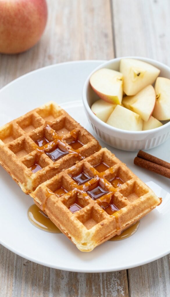 Apple cinnamon oat waffle with maple syrup and fresh apple pieces