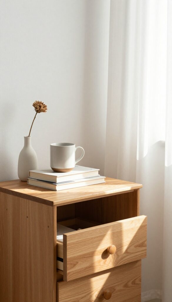 Decluttered nightstand with books, mug, and vase in sunlit bedroom