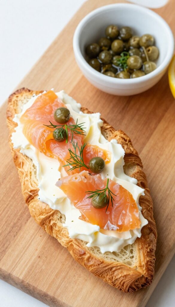 Open-faced croissant with smoked salmon, cream cheese, capers, and dill on a wooden board.