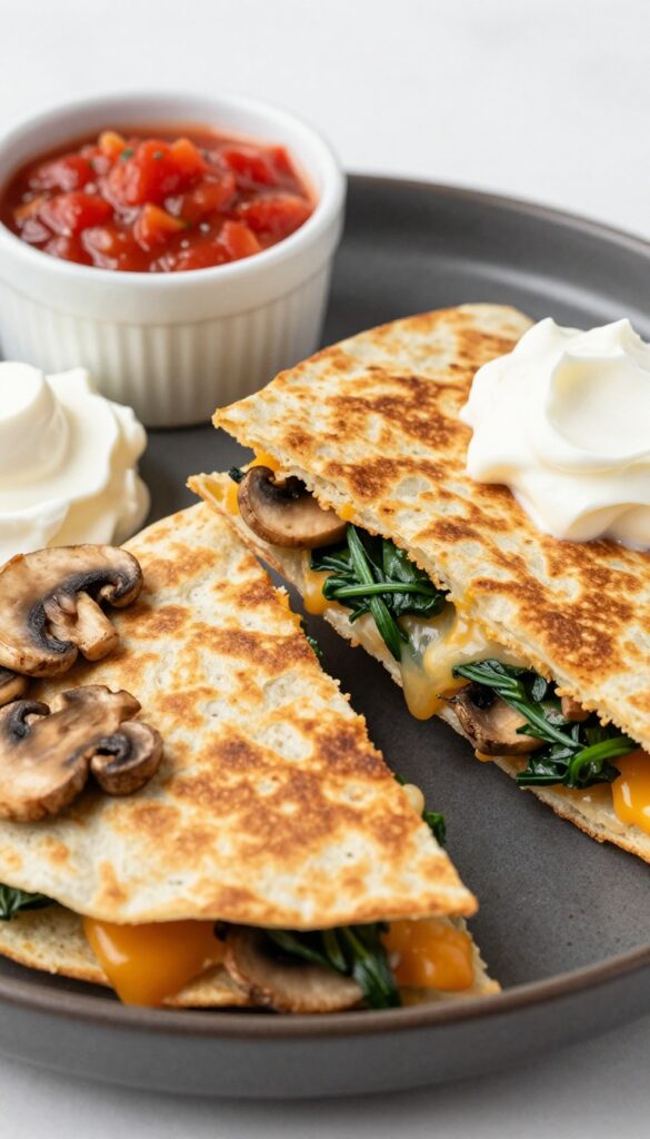 Spinach and mushroom breakfast quesadilla with salsa and sour cream