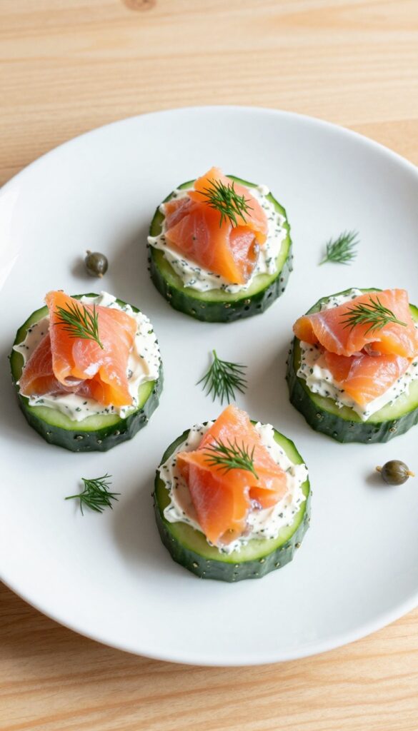 Smoked salmon cucumber bites on a plate with cream cheese, dill, and capers.