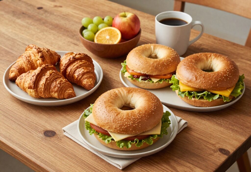 Assorted breakfast sandwiches on a wooden table with coffee and fruit.