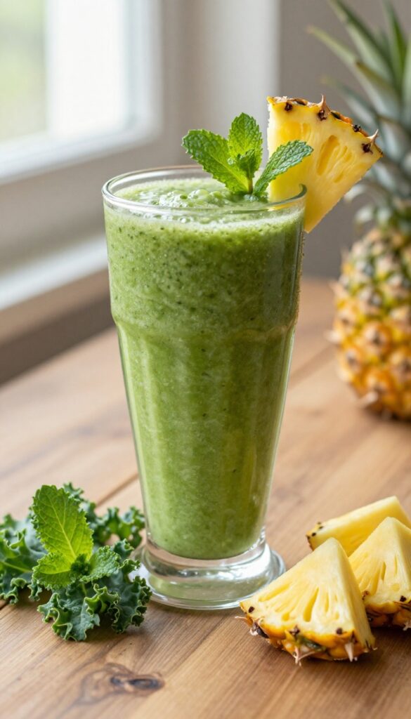 A glass of pineapple mint green smoothie with fresh kale, pineapple, and mint on a wooden table.