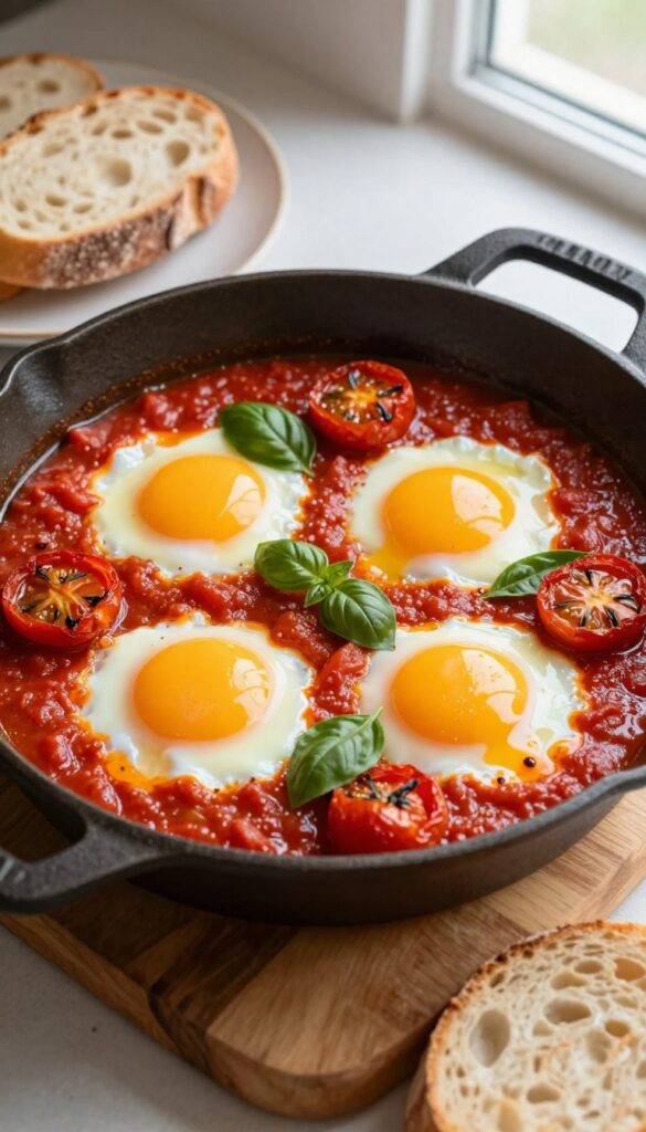 Roasted tomato and basil shakshuka with poached eggs in a cast iron skillet, garnished with fresh basil, served with crusty bread.