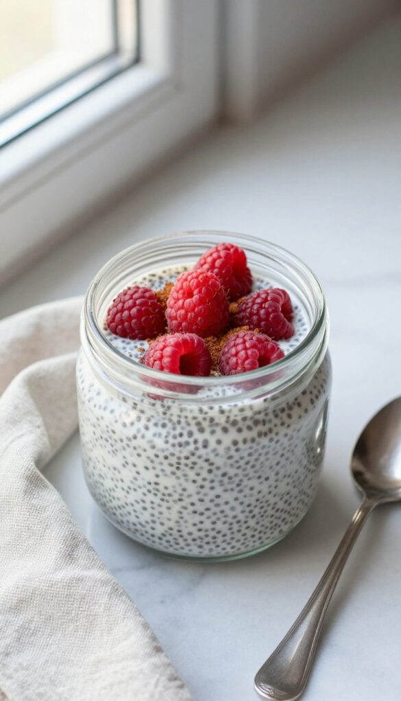 Keto chia pudding in a glass jar with raspberries and cinnamon on a marble countertop.