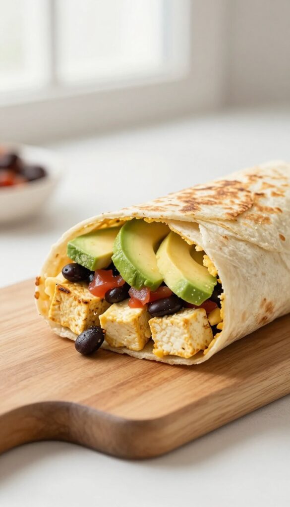 Tofu scramble breakfast burrito cut in half on a wooden board