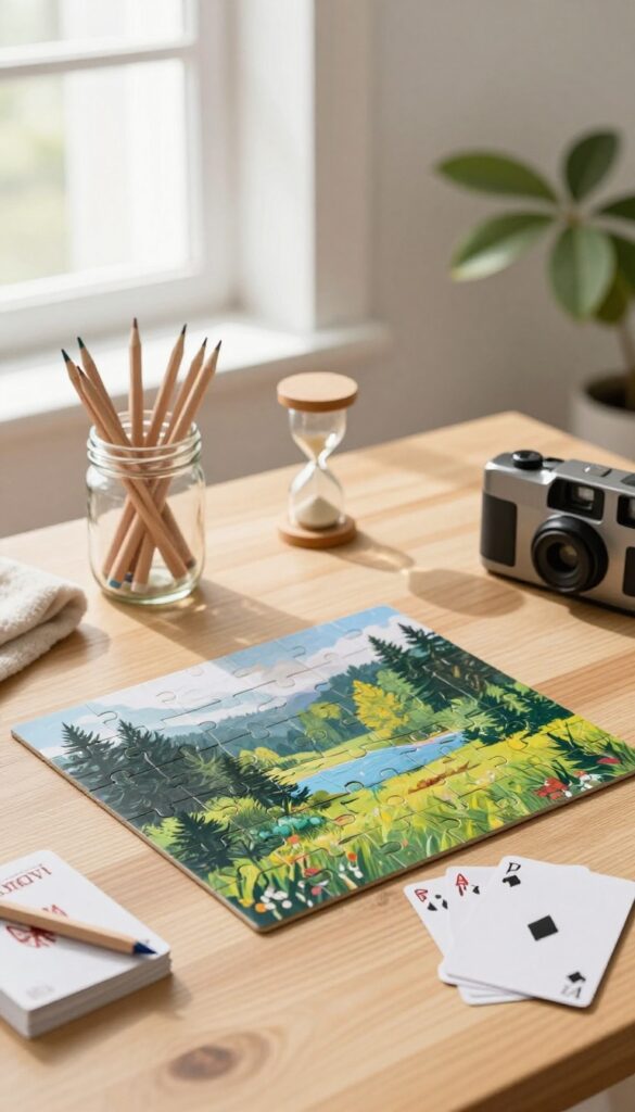 Digital detox basket with puzzle, colored pencils, cards, disposable camera, and hourglass on a wooden table in a cozy sunlit room