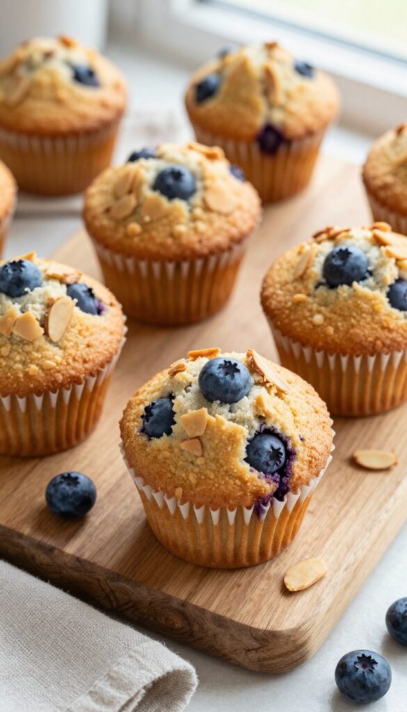 Almond flour blueberry muffins on a wooden board with scattered blueberries and almond slices
