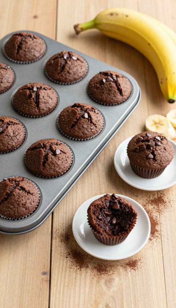 Freshly baked chocolate banana muffins on a wooden table with bananas and cocoa powder.