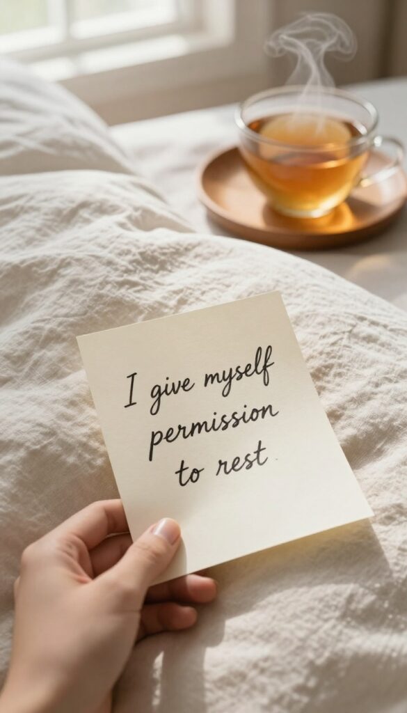A permission slip to rest on a bed with tea and morning light