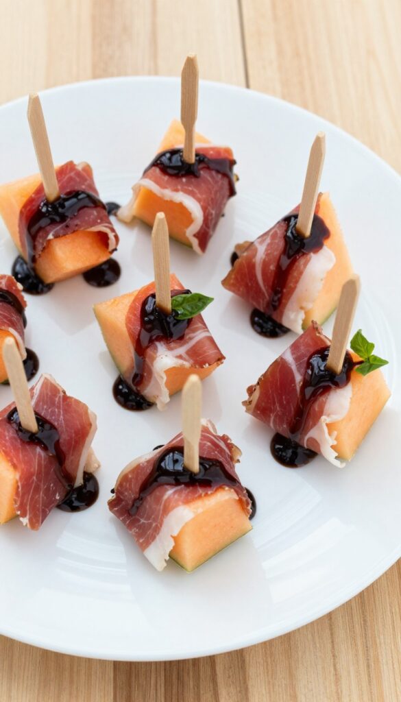 Prosciutto and melon bites on a plate with balsamic glaze and basil garnish.