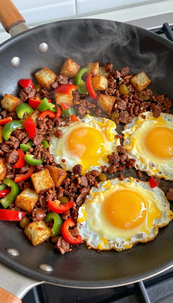 Spicy chorizo hash brown scramble in a skillet with bell peppers and eggs