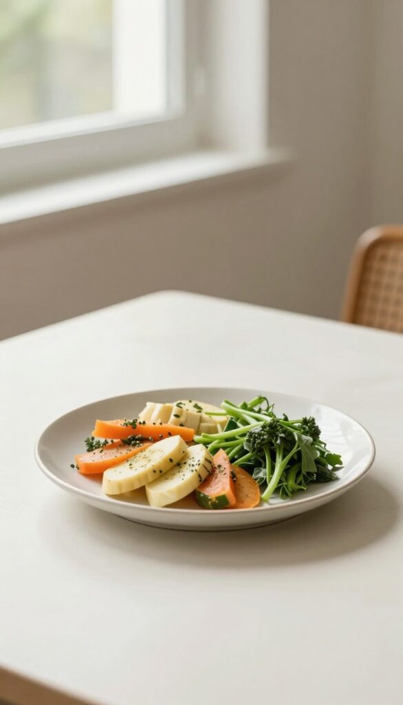 A peaceful dining scene with a plate of healthy food on a wooden table, soft natural light, no distractions.
