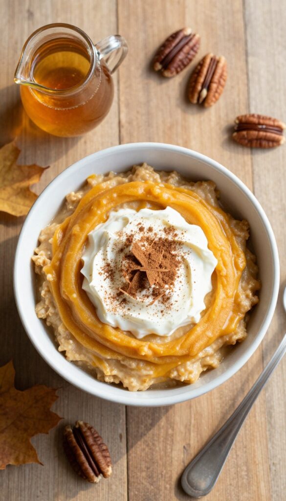 Overnight pumpkin pie oatmeal in a bowl with whipped cream and cinnamon, autumn breakfast setting