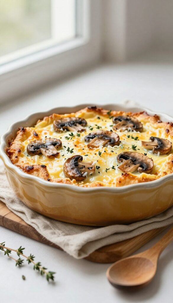 Golden baked egg casserole with mushrooms and thyme in a ceramic dish on a wooden table, natural morning light.