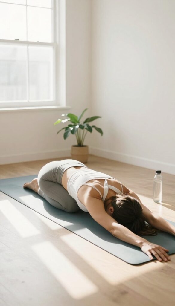 Person stretching on a yoga mat in a bright, peaceful room