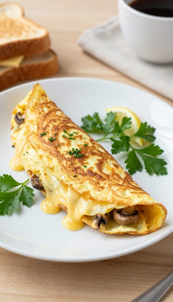 Mushroom and Swiss cheese omelet on a plate with toast and salad