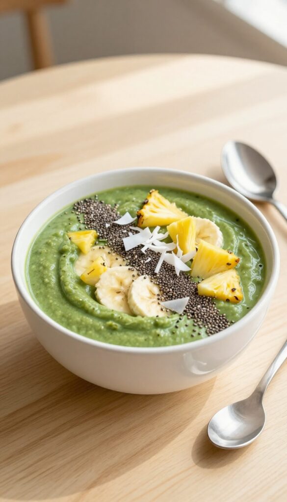 Smoothie bowl with spinach and pineapple topped with chia seeds and coconut flakes on a wooden table