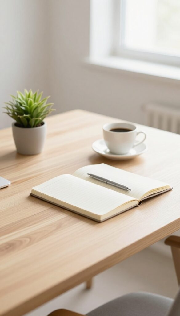 Tidy wooden desk with a plant, coffee cup, and notebook in soft natural light