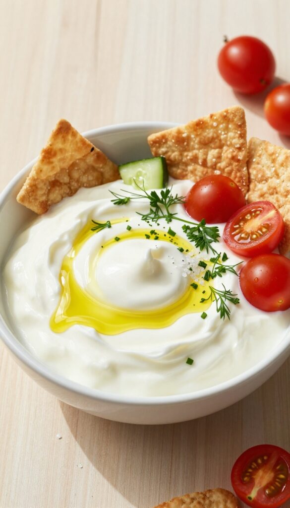 Savory Greek yogurt bowl with olive oil, fresh herbs, pita chips, cherry tomatoes, and cucumber on a wooden table.