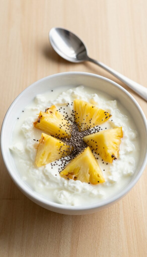 Cottage cheese bowl with pineapple and chia seeds on a wooden table