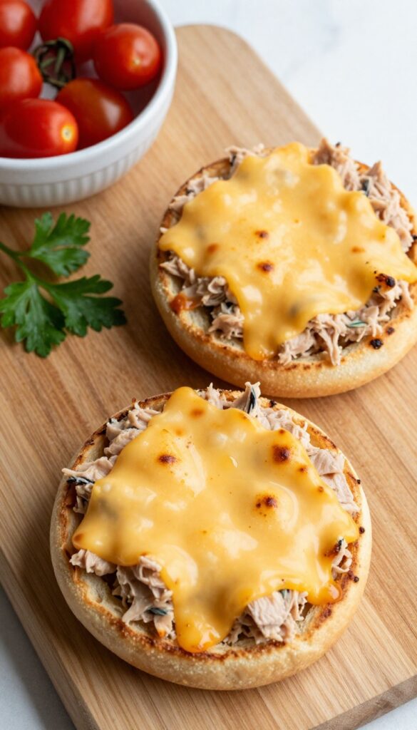 Tuna melt muffins on a wooden board with cherry tomatoes