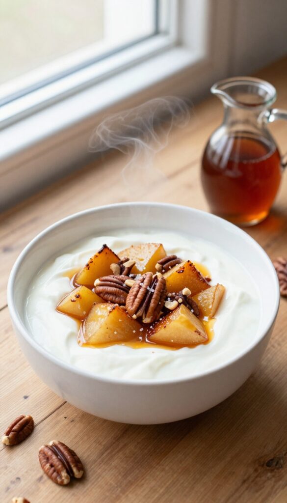 A creamy yogurt bowl topped with roasted apples, maple syrup drizzle, and crunchy pecans on a rustic wooden table.