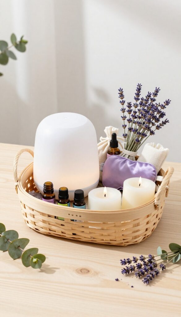 Aromatherapy basket with essential oil diffuser, oils, bath salts, eye pillow, and candles on a wooden table.