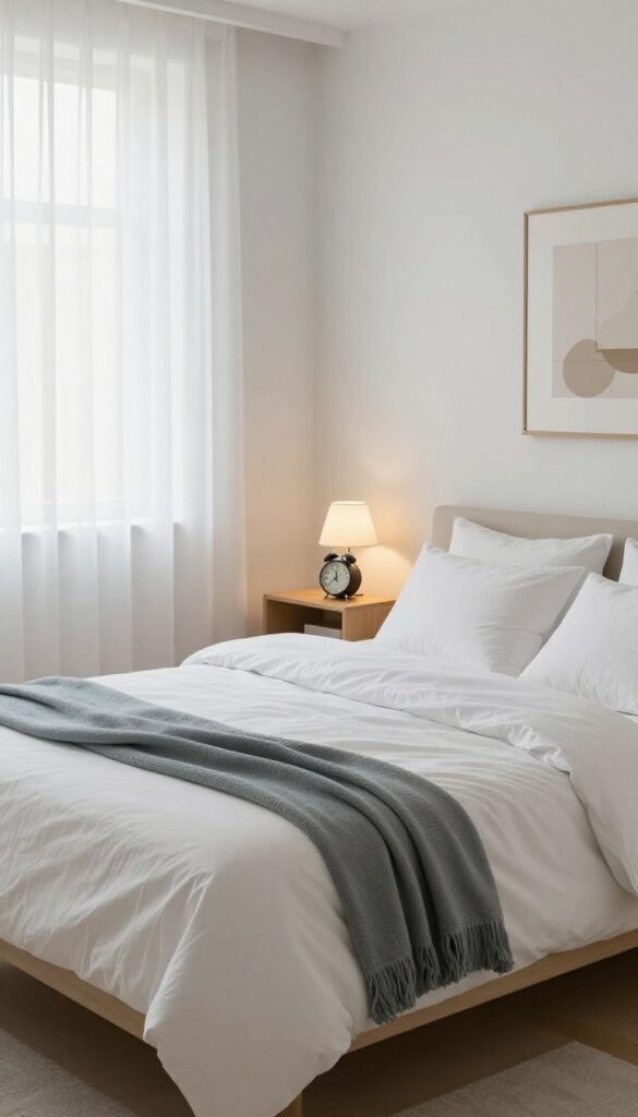 Cozy bedroom with white bed, soft lighting, and alarm clock set to 9:30 PM, promoting consistent bedtime for better sleep.