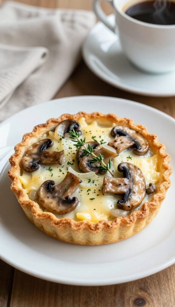 Slice of mushroom and thyme tart on a plate with coffee, French café breakfast