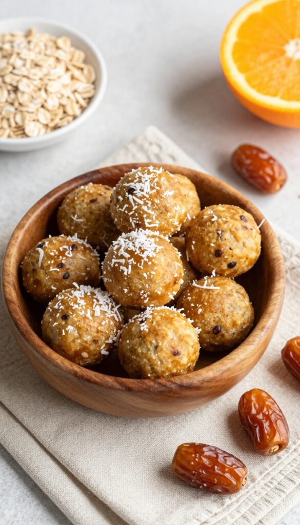 Orange and date energy balls in a wooden bowl with ingredients scattered on a linen napkin