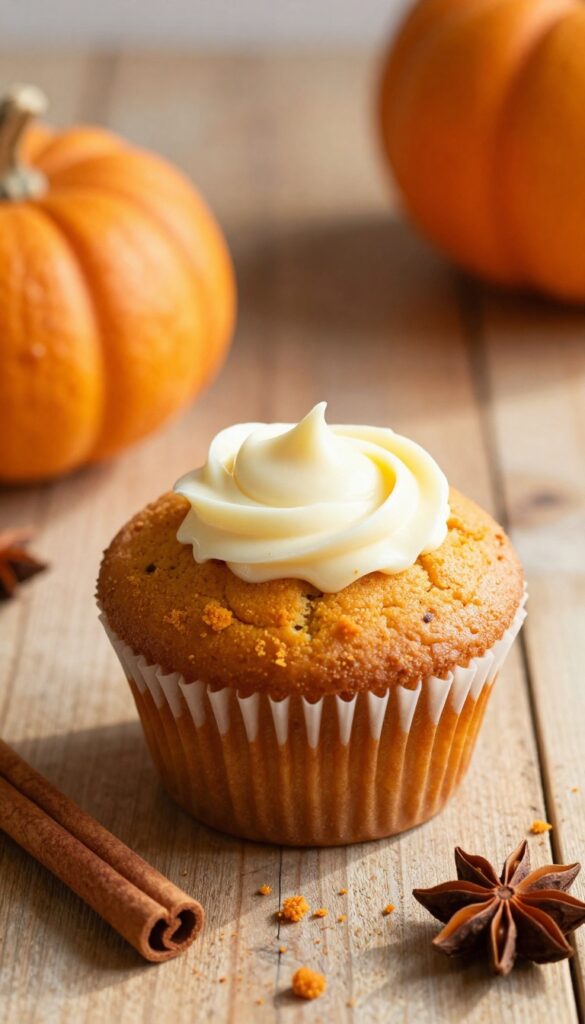Pumpkin spice muffin with cream cheese filling on wooden table