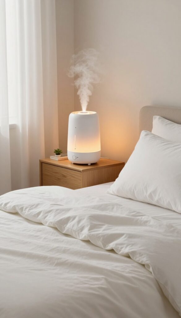 Cozy bedroom with a humidifier and night light on a nightstand, creating a serene spa-like atmosphere.