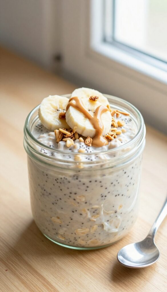Peanut butter overnight oats with banana and granola in a glass jar on a wooden table.