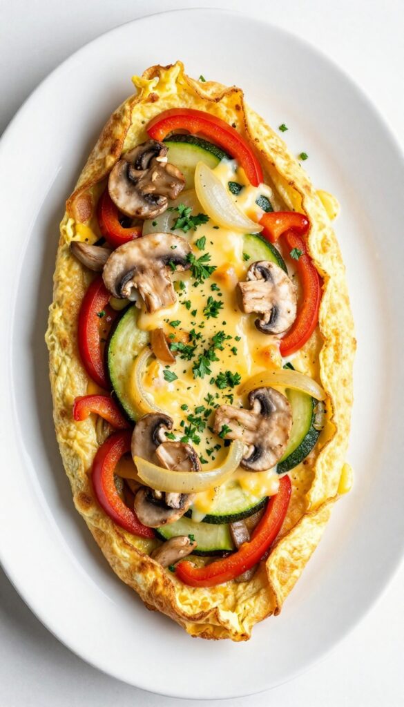 Veggie-packed omelet with bell peppers, onions, zucchini, and mushrooms, garnished with parsley, on a white plate.