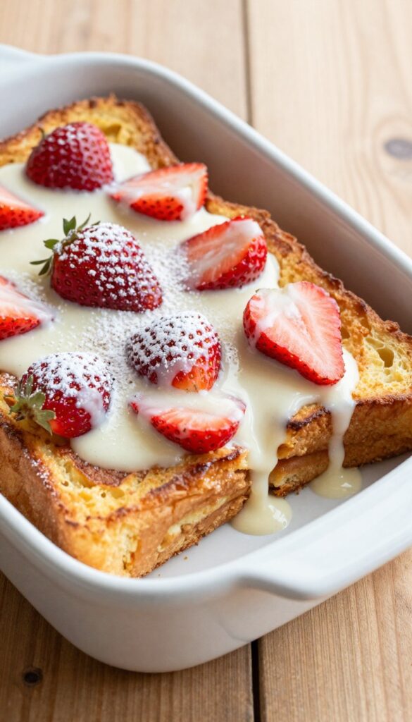 Strawberry French toast casserole with cream cheese drizzle and fresh strawberries
