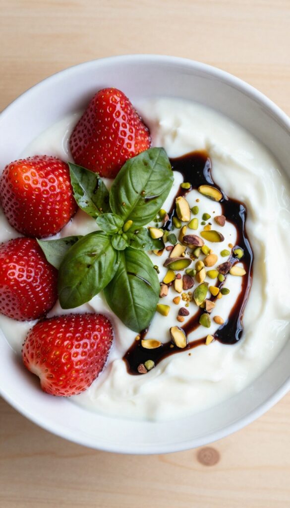 Strawberry Basil Yogurt Bowl with balsamic drizzle and pistachios