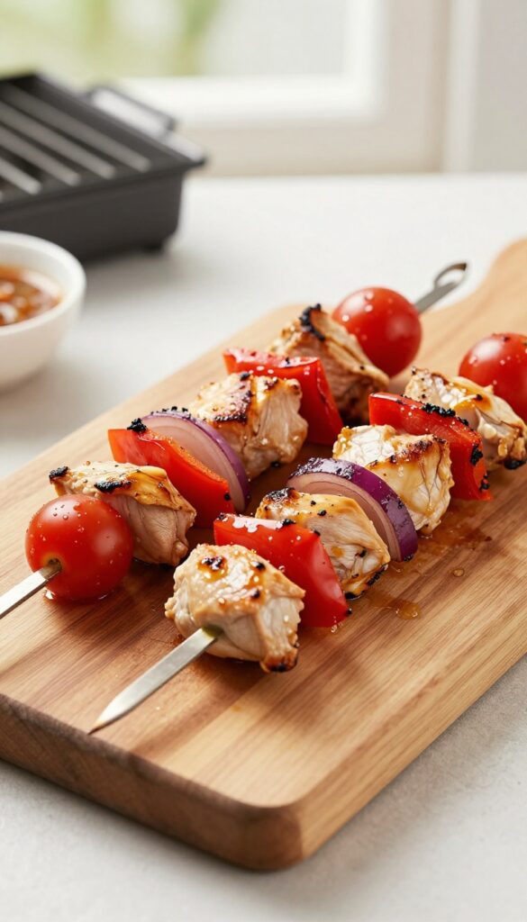 Grilled chicken and vegetable skewers on a wooden cutting board