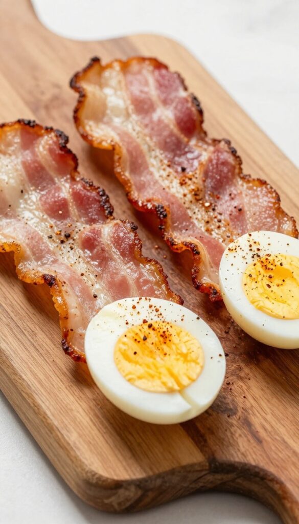 Bacon-wrapped hard boiled egg bites on a wooden board