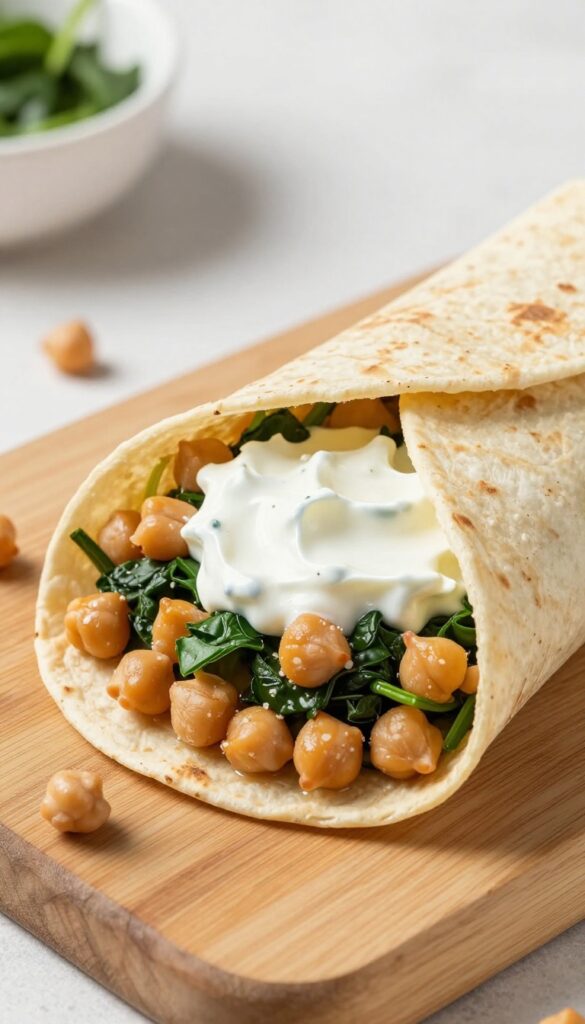 Chickpea and spinach breakfast wrap cut in half on a wooden board with yogurt dip.