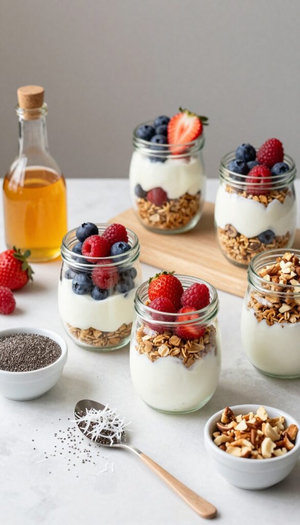 DIY yogurt parfait bar with granola, berries, and honey in glass jars on a sunny table