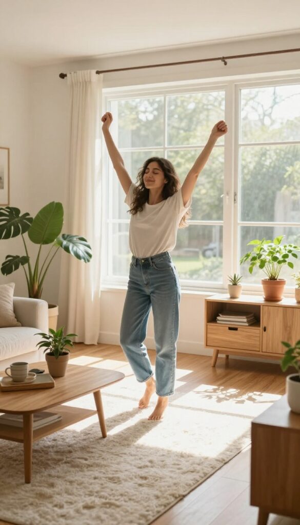 Woman dancing joyfully in a sunlit living room