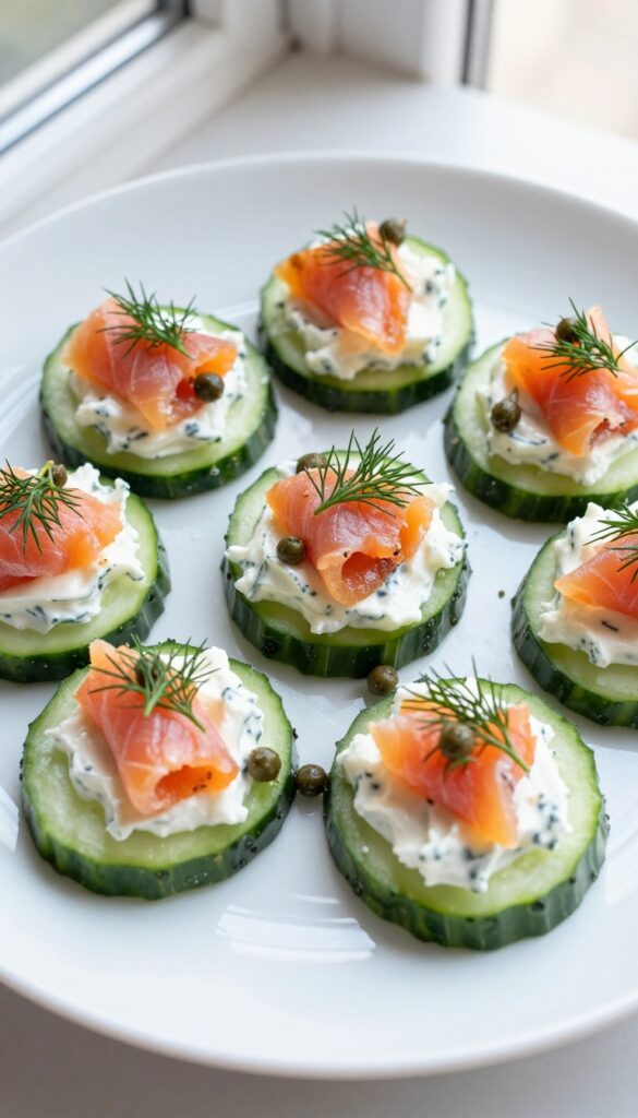 Smoked salmon and cucumber bites arranged on a white plate, garnished with dill and capers, bright natural lighting.