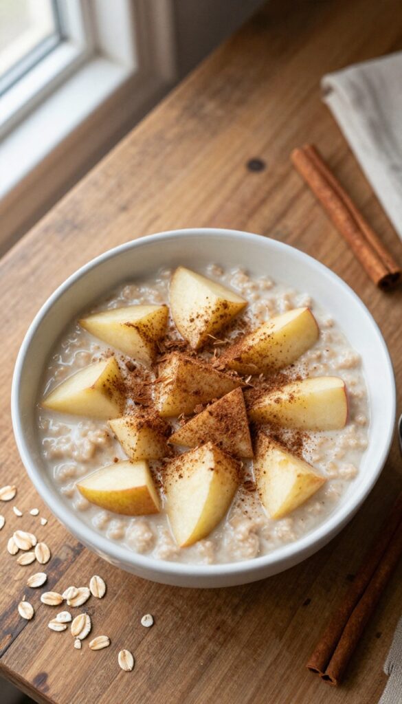 A bowl of apple cinnamon oatmeal with apple pieces and cinnamon, on a wooden table.