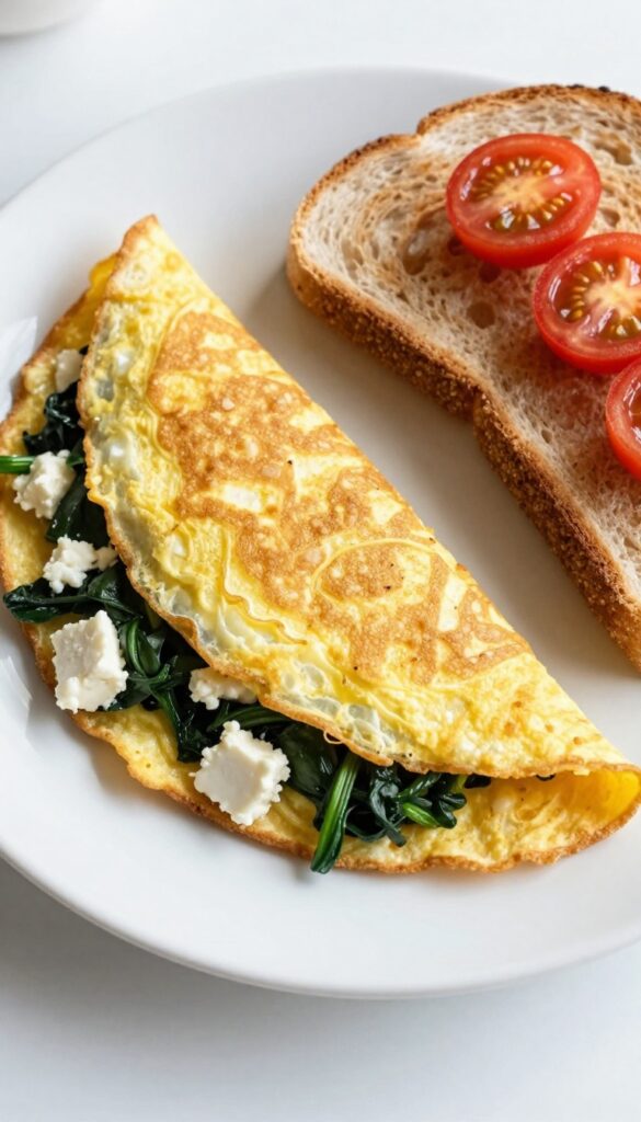 Spinach and feta omelet on a plate with toast and cherry tomatoes