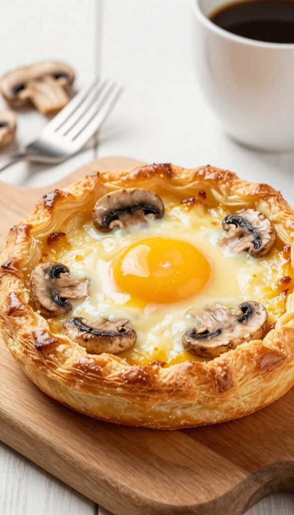 Savory mushroom and Gruyère breakfast tart with a runny egg yolk on a wooden board
