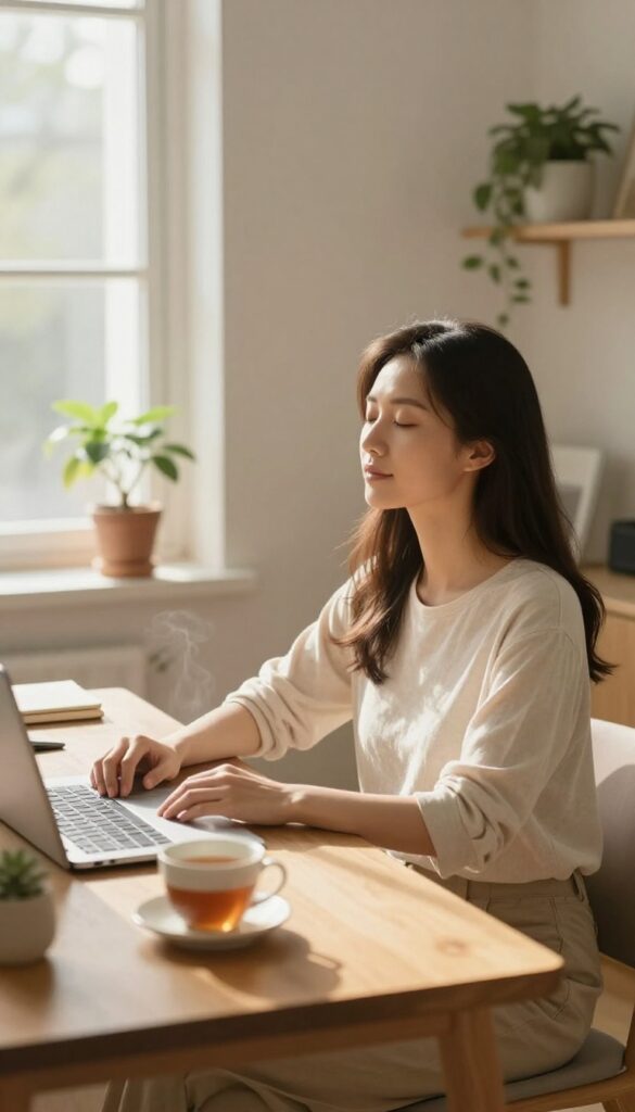 Woman practicing deep breathing at a desk before a stressful task