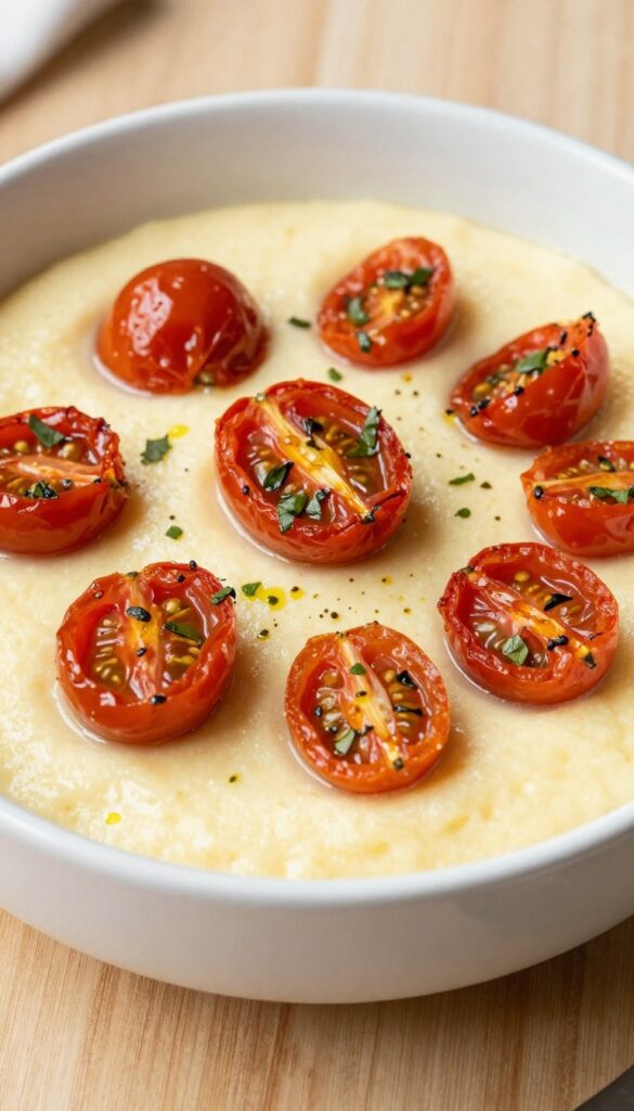 Creamy polenta topped with roasted cherry tomatoes and fresh basil
